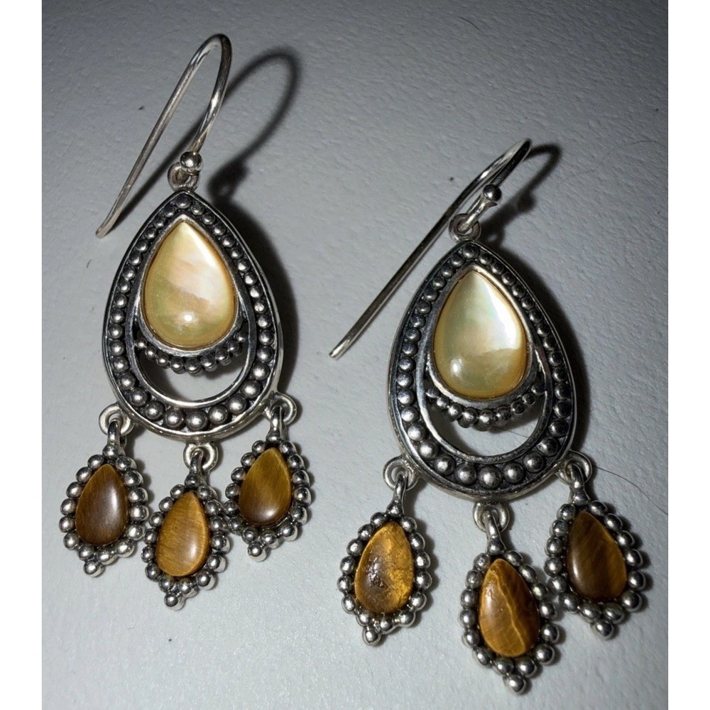 Sterling Silver Yellow Moonstone Teardrop Tiger Eye‎ Dangle Earrings Boho Hippie